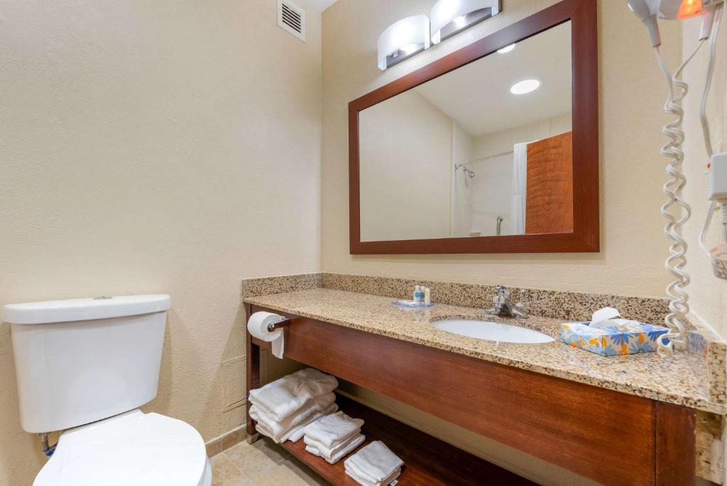 a bathroom with a sink and a toilet and a mirror at Comfort Inn & Suites in Michigan City