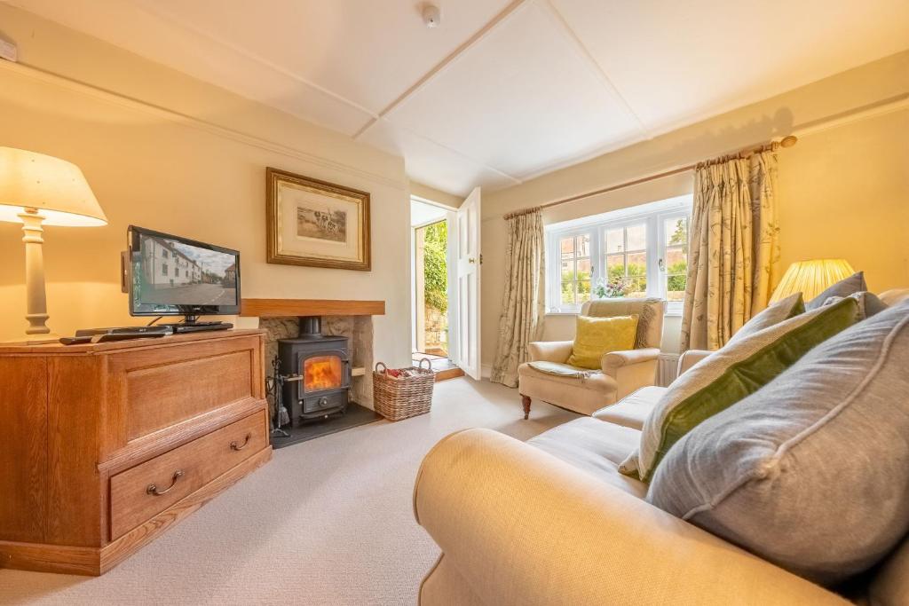 een woonkamer met een bank, een tv en een open haard bij Densford Cottage in Amberley