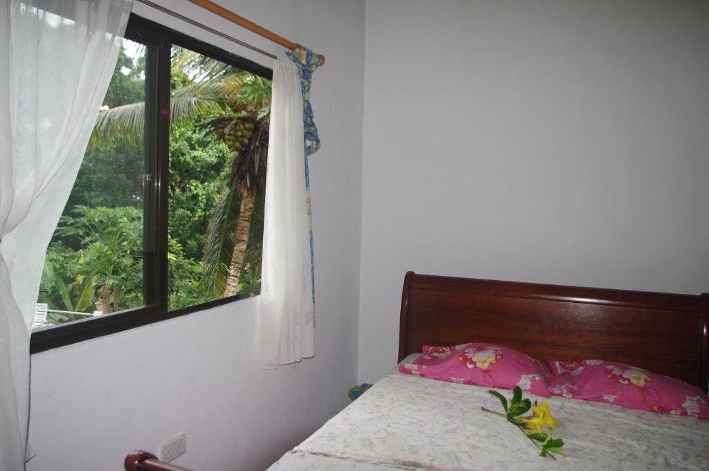 um quarto com uma cama, uma janela e uma colcha. em Papaya Guesthouse em Mahé