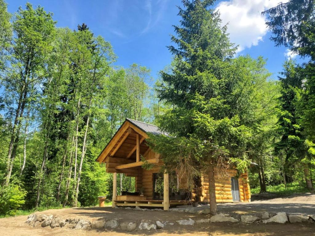 a log cabin in the woods with a tree at Chalet KuŘíp by Interhome in Benešov nad Černou