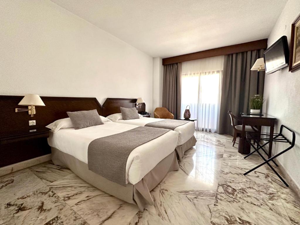 バレンシアにあるホテル トゥリアの大きなベッドとデスクが備わるホテルルームです。