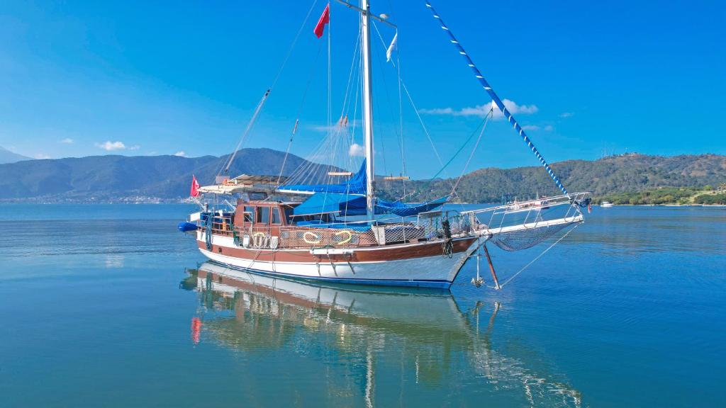 a boat sitting in the water on a lake at Fetiyede kiralık tekne in Fethiye