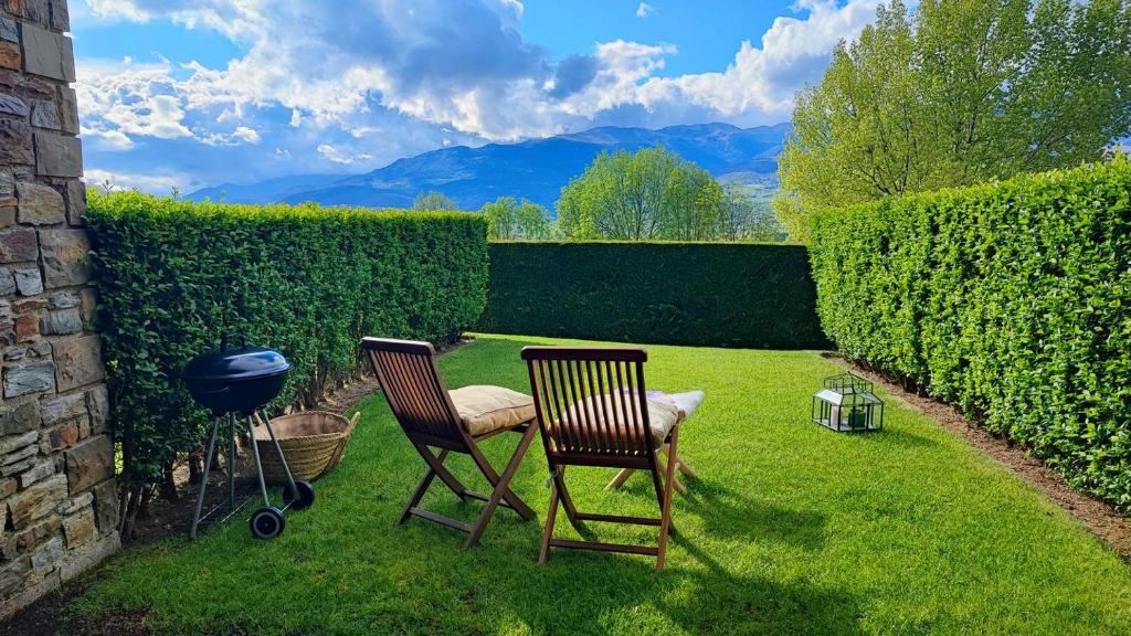 2 chaises et un grill dans la pelouse dans l'établissement Encantadora Casa adosada en Alp, à Alp