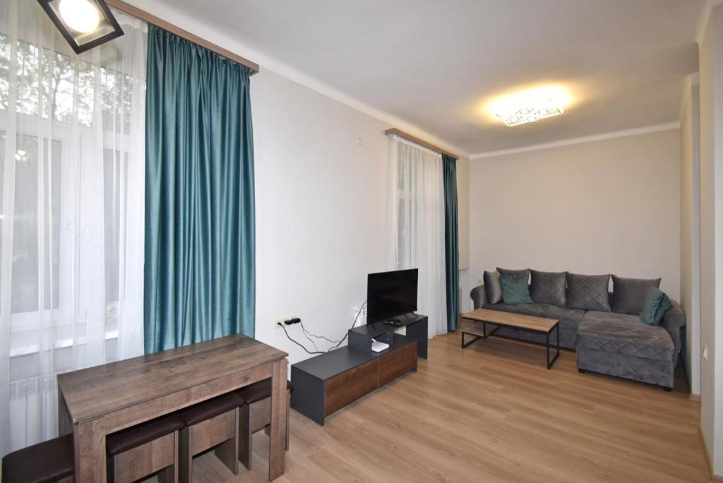 ein Wohnzimmer mit einem Sofa und einem TV in der Unterkunft Aleq Manukyan street, 1 bedroom New Euro renovated, Sunny apartment AL777 in Yerevan