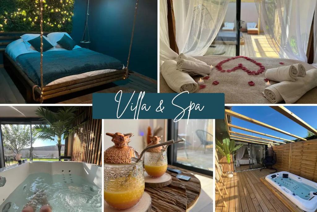 eine Collage mit Bildern eines Zimmers mit Badewanne und Spa in der Unterkunft Escapade Zen Oasis Tropicale Spa Privatif in Loon-Plage