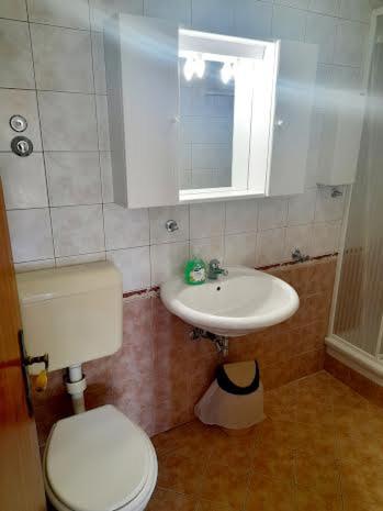 a bathroom with a white toilet and a sink at APARTMANI DELAS in Pješčana Uvala