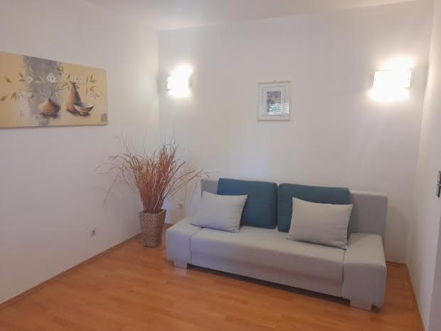 a living room with a couch with two pillows at APARTMANI DELAS in Pješčana Uvala