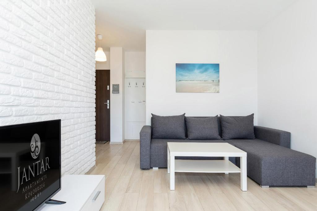 a living room with a couch and a table at Jantar Apartament Pogodne in Kołobrzeg