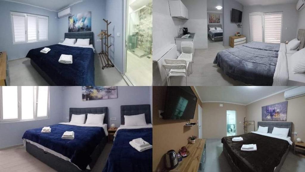 a collage of three pictures of a bedroom with two beds at Cholakovi Apartments in Veles