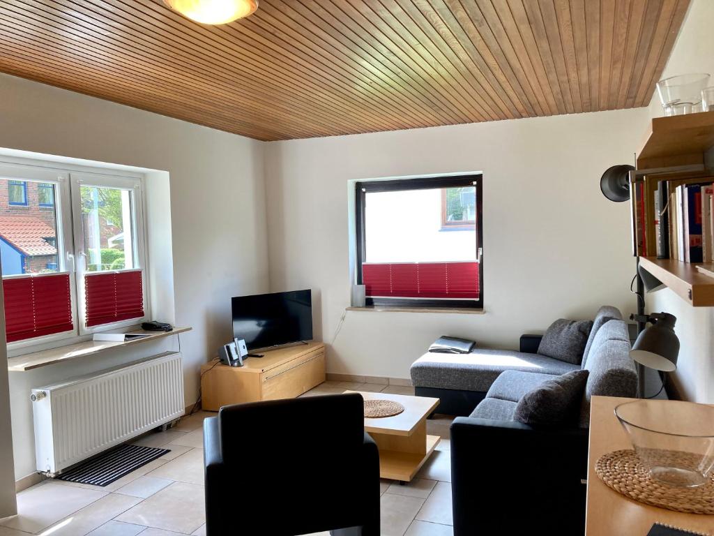 ein Wohnzimmer mit einem Sofa und einem TV in der Unterkunft Haus Wilhelmi Wilhelmi Whg 4 in Wangerooge