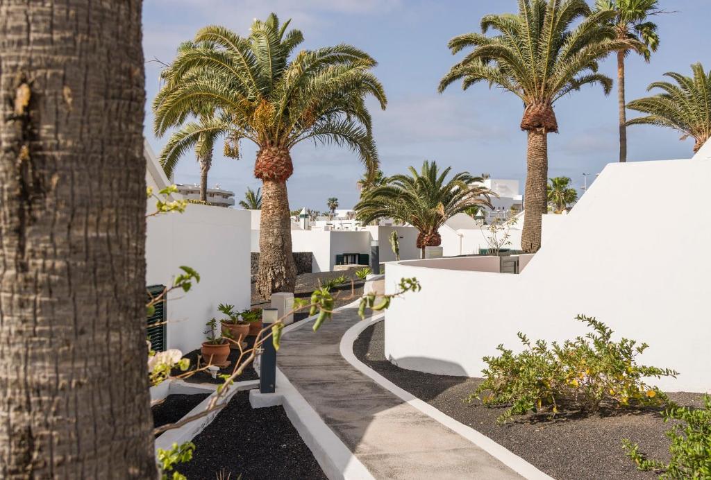 a walkway with palm trees and white buildings at ILUNION Costa Sal Lanzarote in Puerto del Carmen