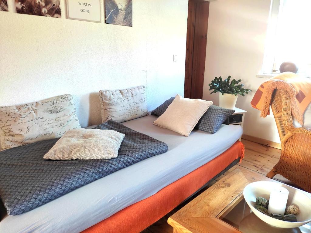 a couch with pillows on it in a room at Ferienwohnung Steffenshagen in Pritzwalk
