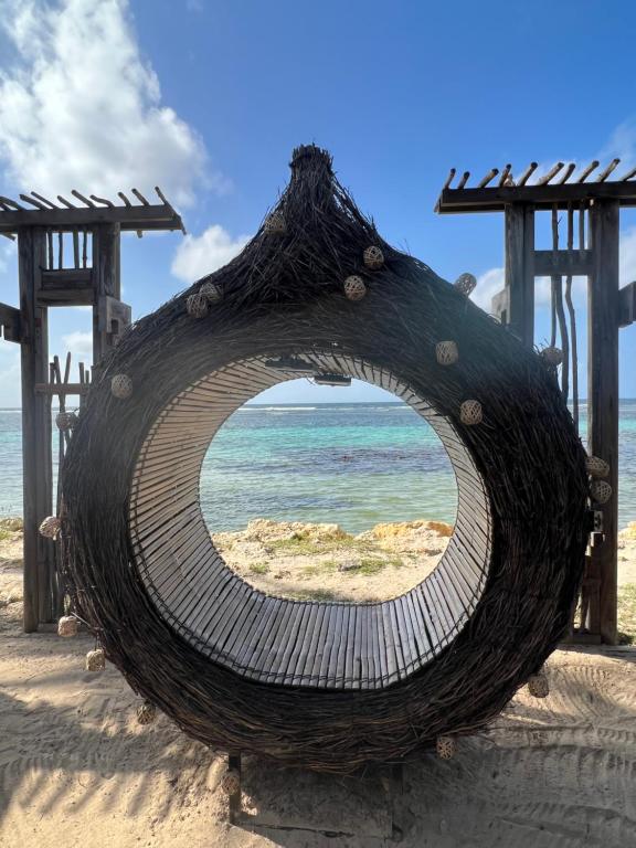 a large woven hammock on a beach with the ocean at Le NIL in Sainte-Anne