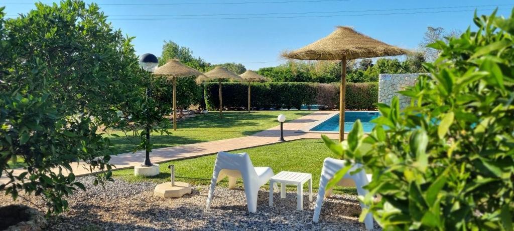 un patio con sillas y sombrillas y una piscina en Quinta dos I's - Algarve en Algoz