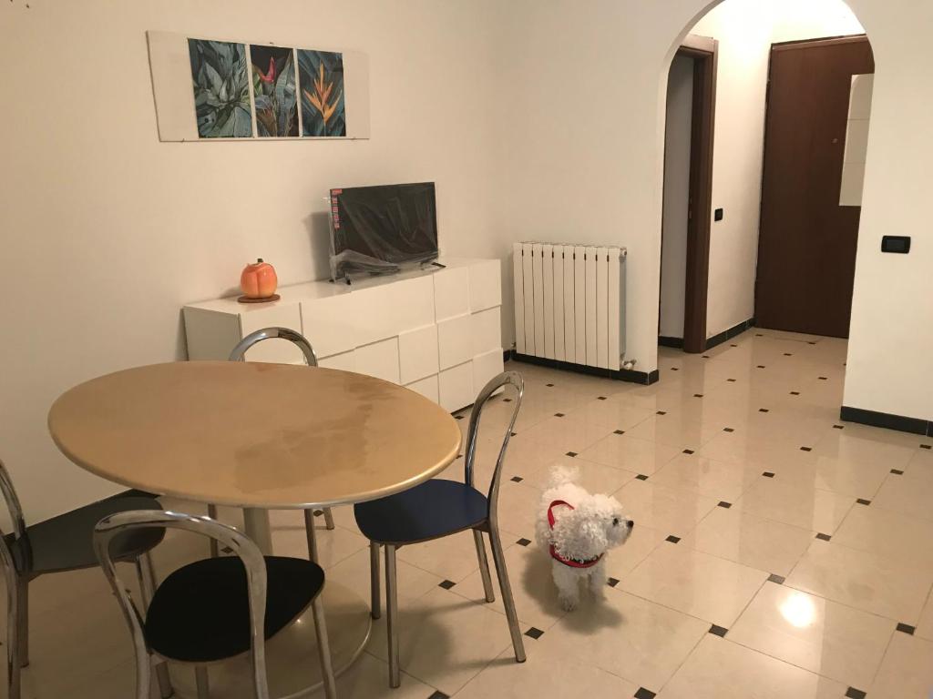 um cão branco ao lado de uma mesa e cadeiras em Chez Christine la petite em Cogoleto