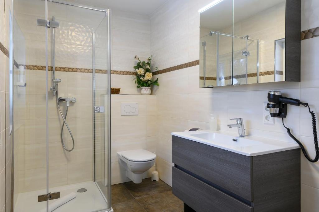a bathroom with a shower and a sink and a toilet at Gasthof Waldwirt in Russbach am Pass Gschütt
