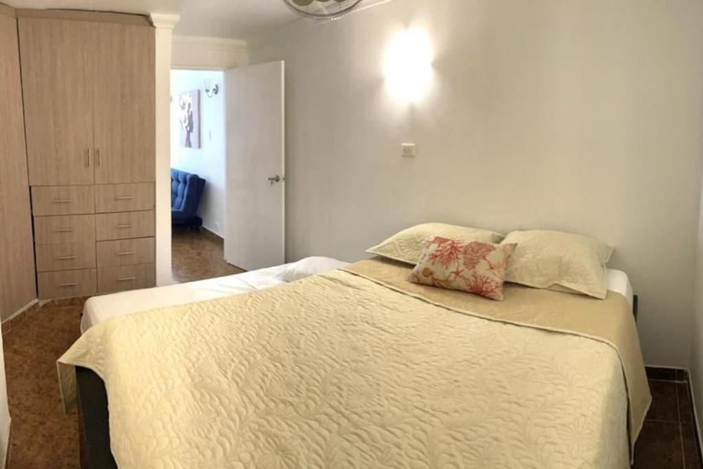 1 dormitorio con 1 cama grande y 2 almohadas en Cómodo apto zona histórica Cgena en Cartagena de Indias