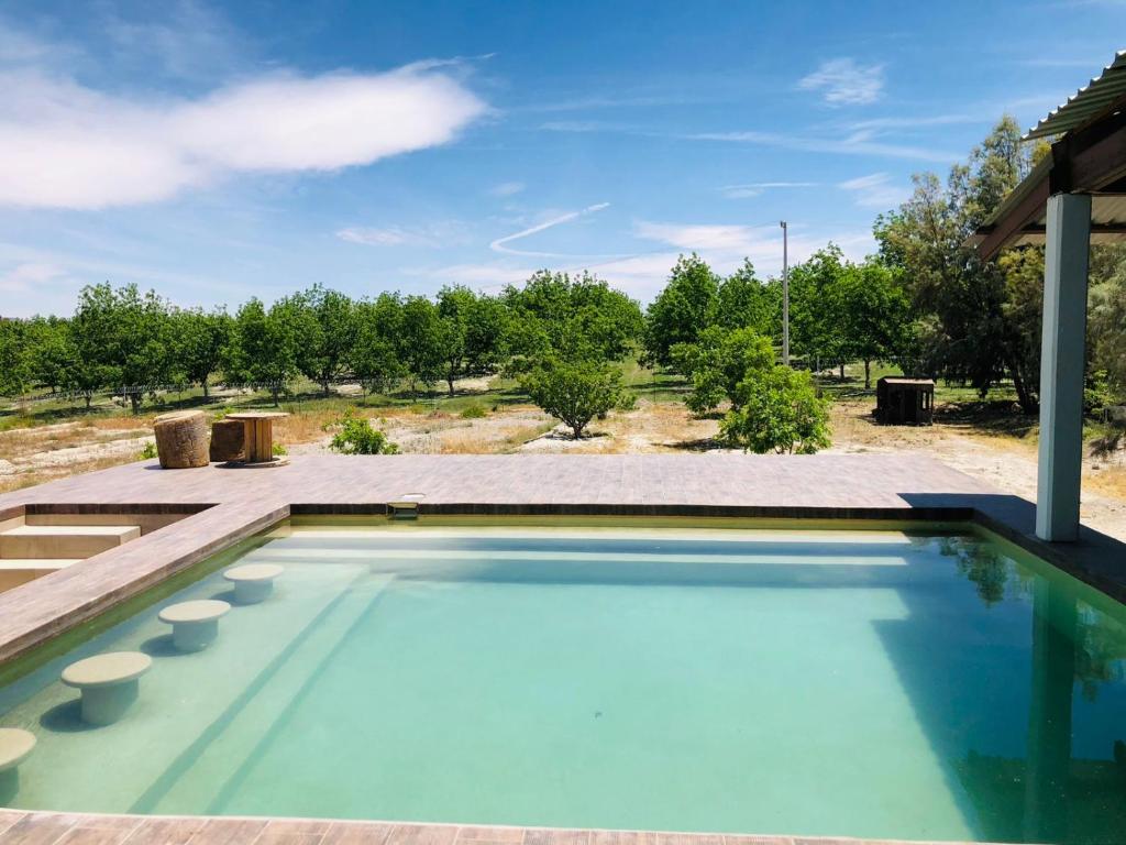 a swimming pool in a yard with trees in the background at Casa la Noria in Parras de la Fuente