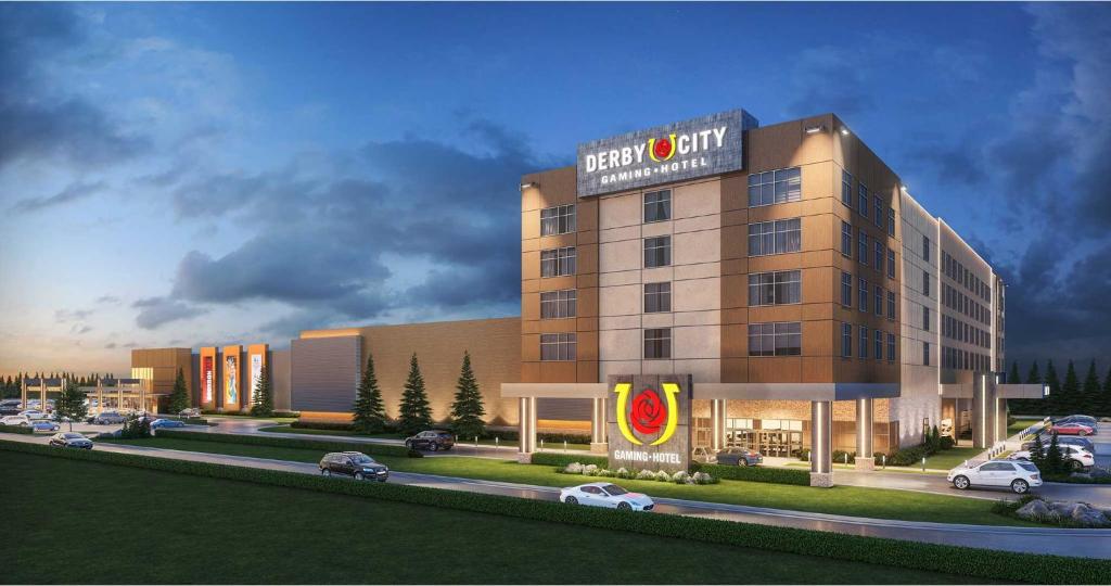 路易維爾的住宿－Derby City Gaming & Hotel - A Churchill Downs Property，一座酒店大楼,上面有标志