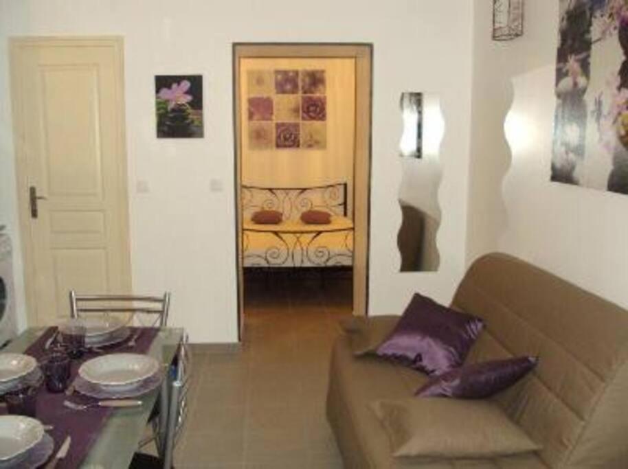 un salon avec un canapé et une table dans l'établissement Charmant T2 proche de Corte, à Soveria