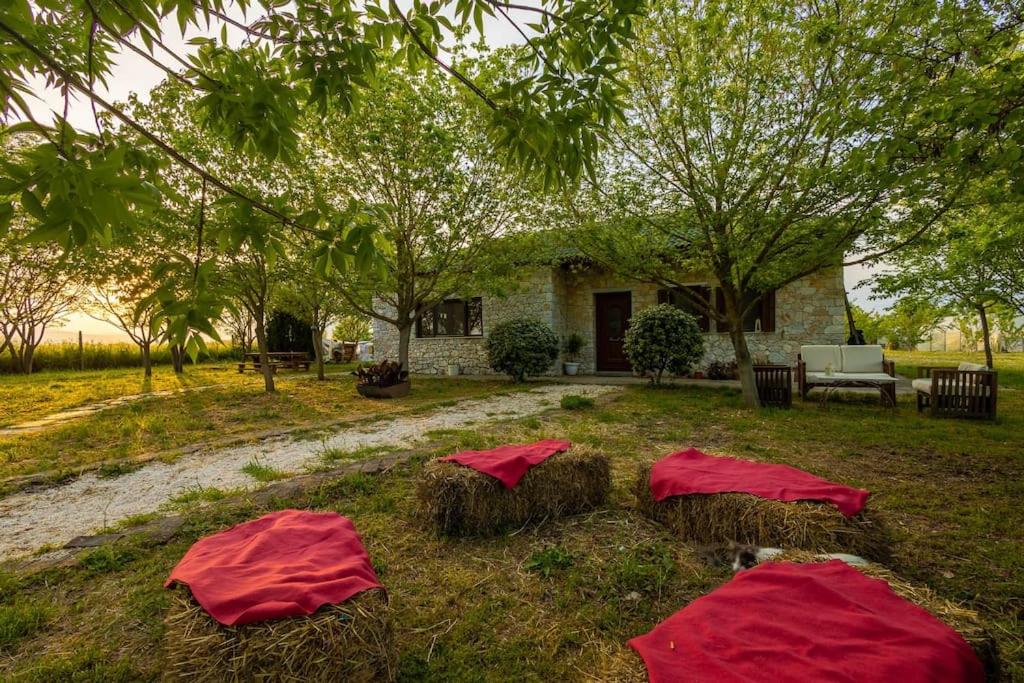 two red tents in the grass in front of a house at Πέτρινη εξοχική κατοικία, Λάρισα 