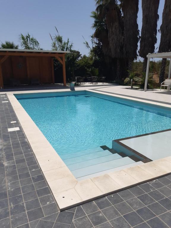 聖瑪莉亞德芙卡洛的住宿－Villa Lory，庭院里的一个蓝色海水游泳池