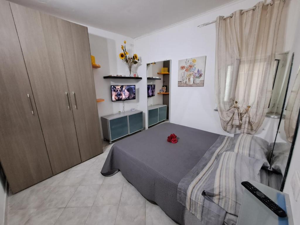 una camera con un letto e una televisione di Appartamento con giardino a Civitavecchia
