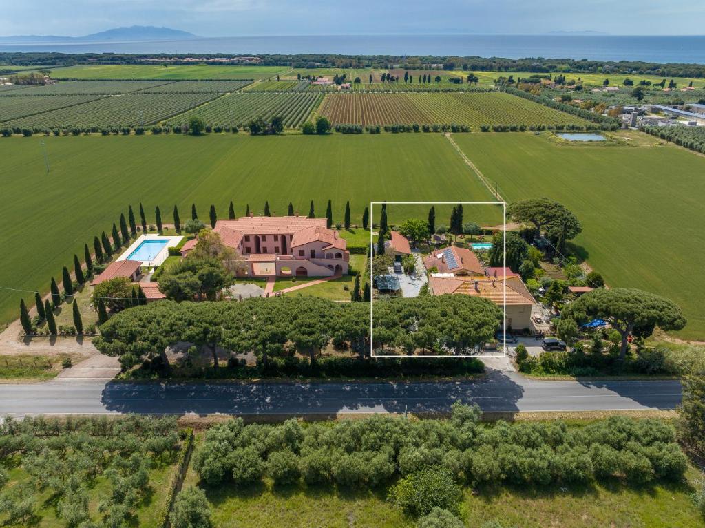 an aerial view of a house in a vineyard at Podere Isabella in San Vincenzo
