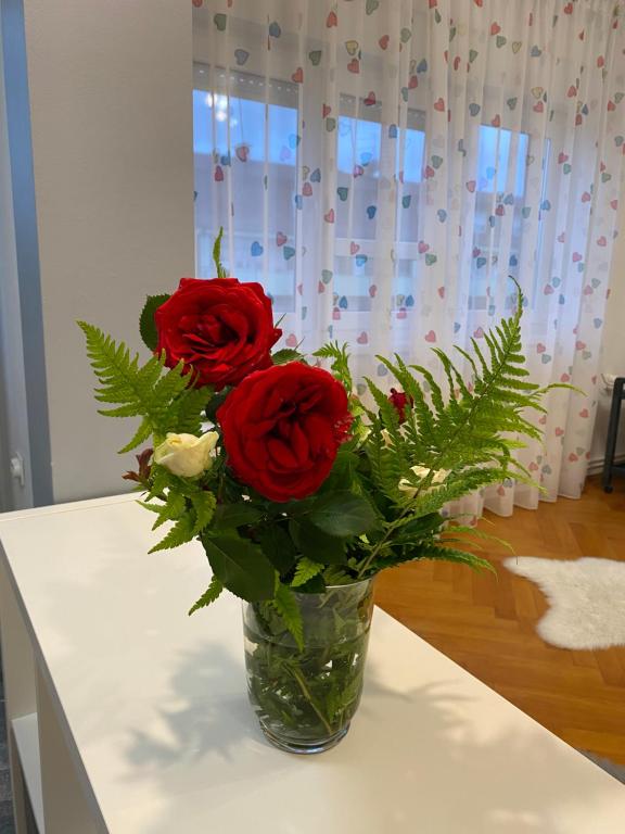 wazon wypełniony czerwonymi różami na stole w obiekcie Apartment in the city center w mieście Varaždin