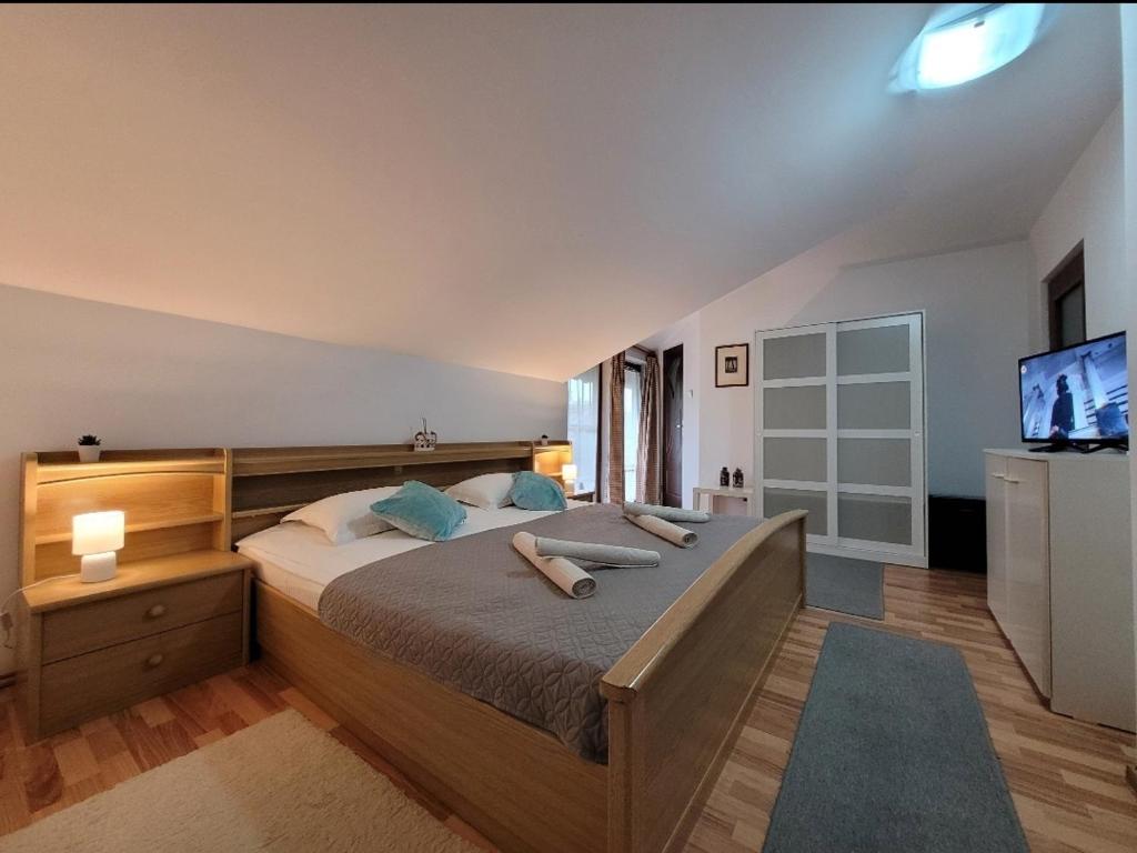 a bedroom with a large bed and a flat screen tv at LA CASSA in Timişoara