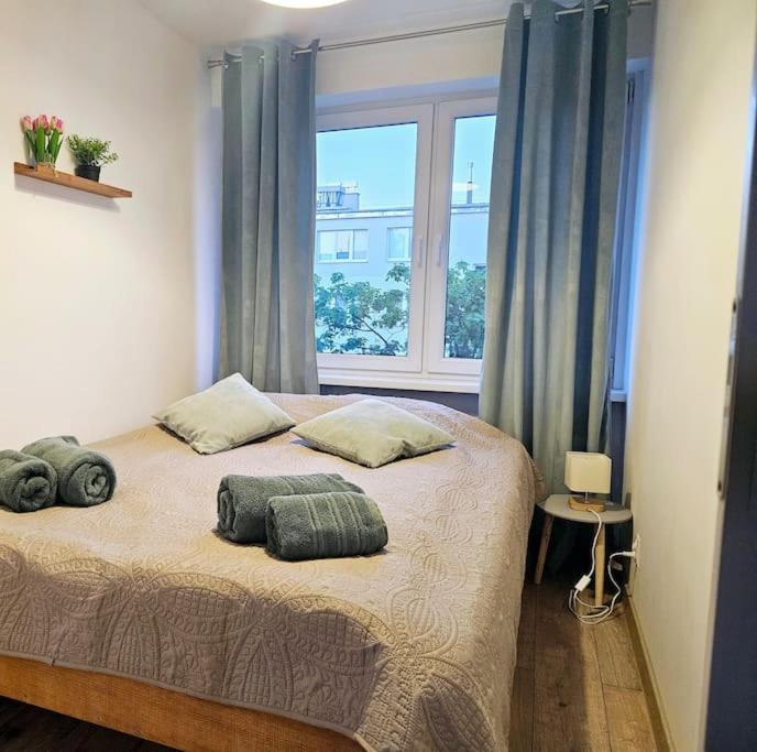 sypialnia z łóżkiem z poduszkami i oknem w obiekcie ParkHome w mieście Stalowa Wola