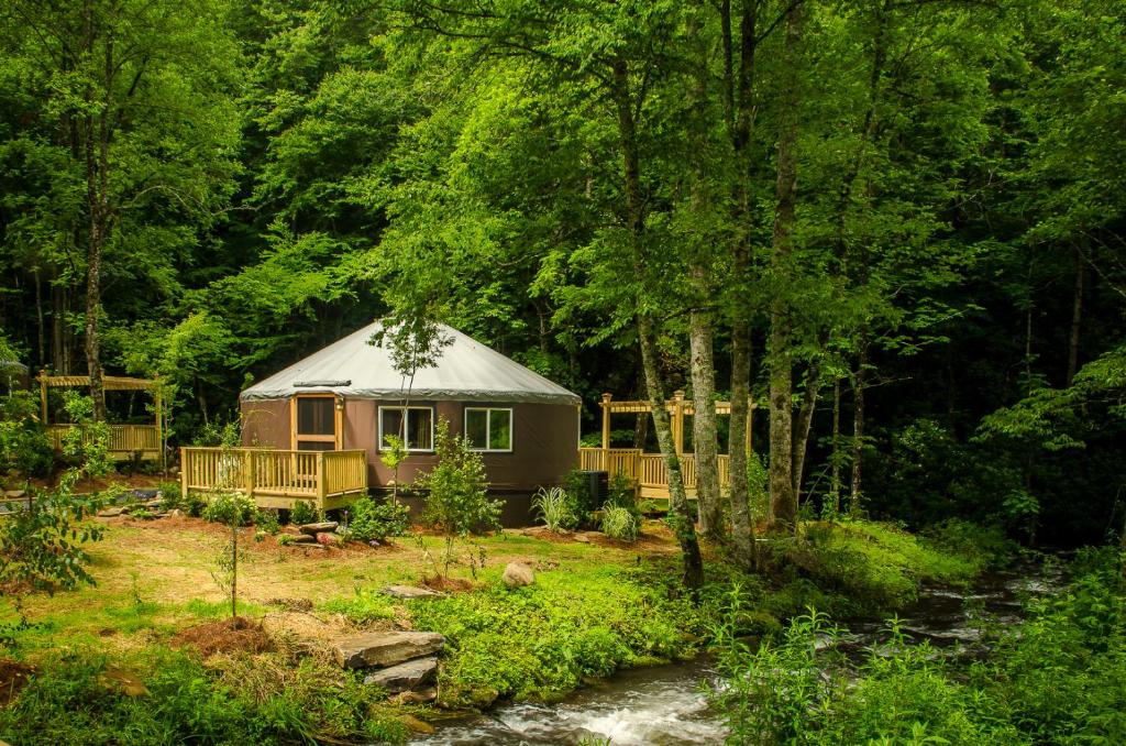 Una yurta in mezzo a una foresta di Creekside Cove Luxury Yurt w Hot Tub in Nantahala a Topton