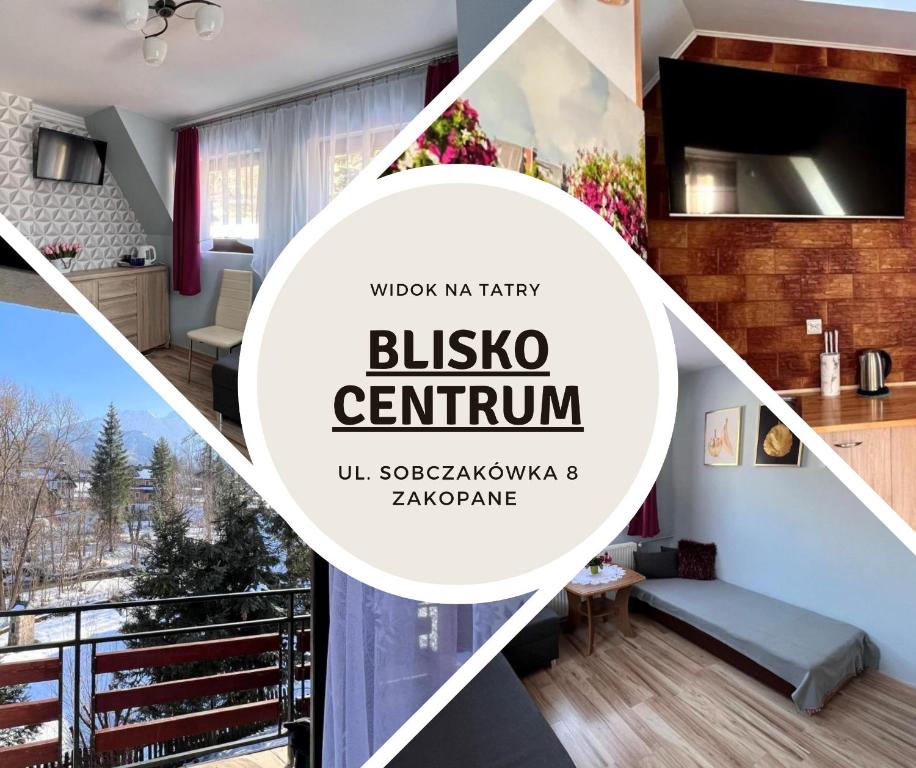 eine Collage aus Fotos einer Wohnung mit dem Text Bilka Centrum in der Unterkunft Pokoje u Reni - 5 minut do Krupówek - widok na góry in Zakopane