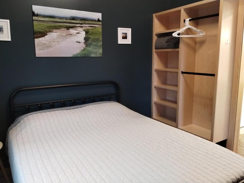 a bedroom with a bed and a closet at Lupine Cabin - Homer Seaplane Base in Homer