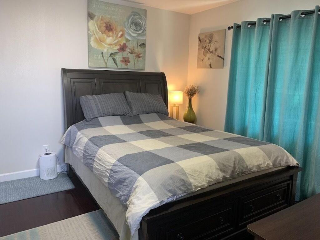 a bedroom with a large bed with blue curtains at SFO New Comfortable Studio in San Bruno
