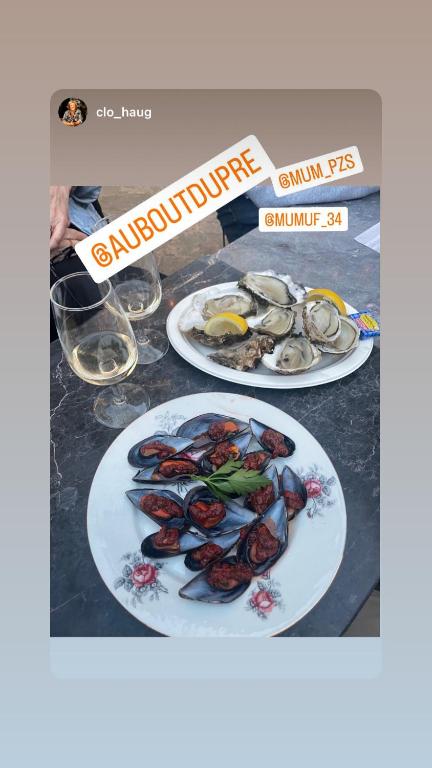 two plates of mussels and seafood on a table at Au bout du pré in Pézenas