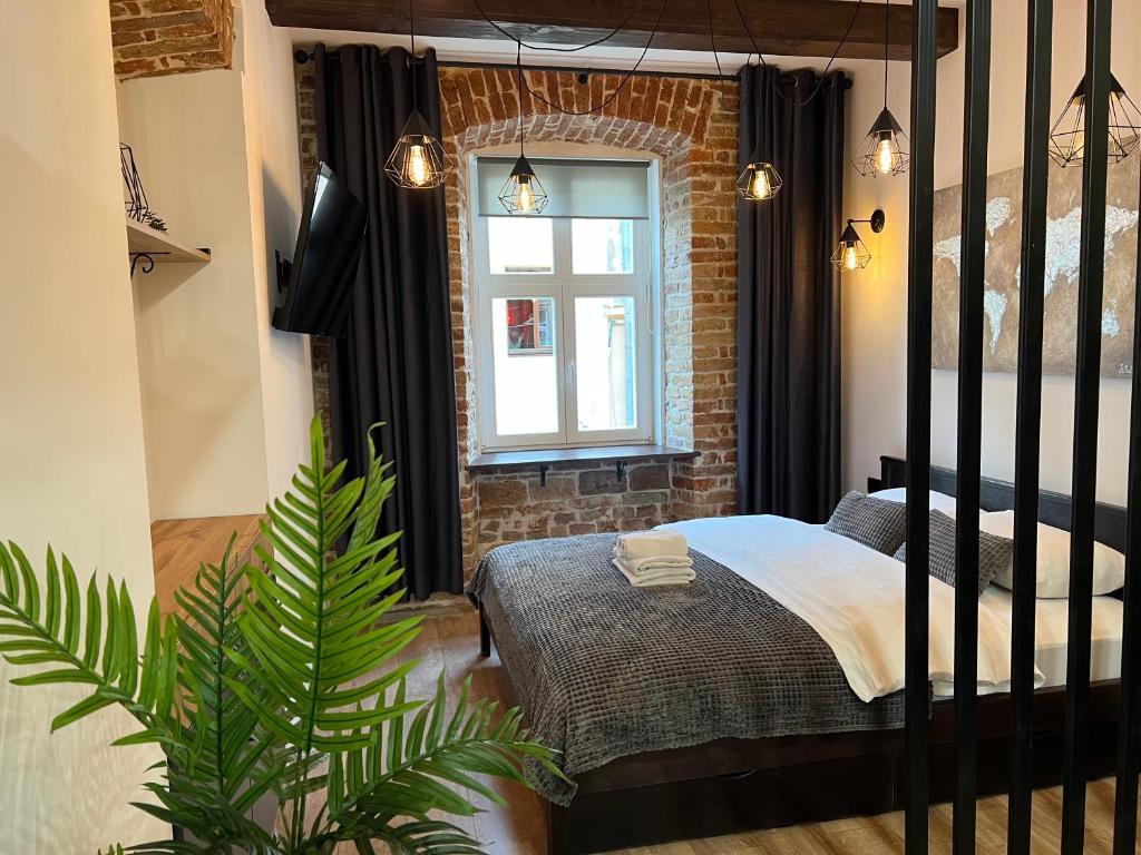 um quarto com uma cama, uma janela e uma planta em Cozy Loft на Староєврейській 24 em Lviv