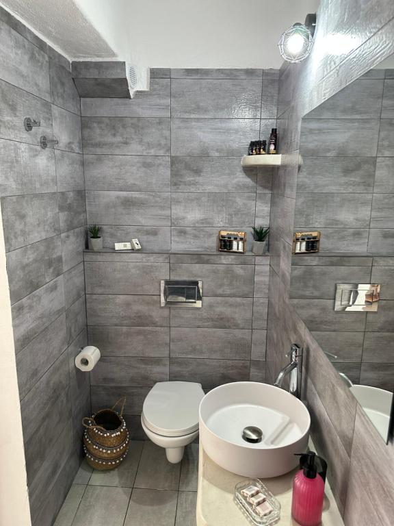 uma casa de banho com um WC e um lavatório em Aeron Suites em Éxo Goniá