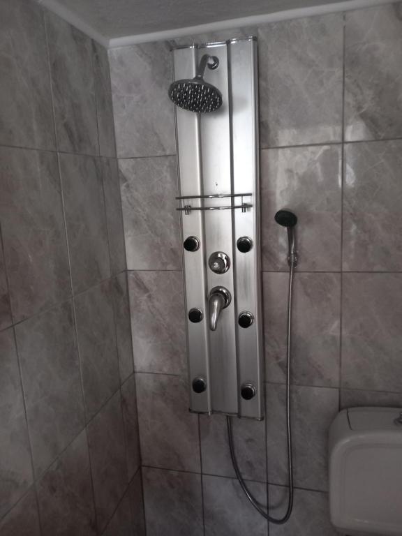 a shower in a bathroom with a glass door at Konstantina’s House in Paleo Tsifliki