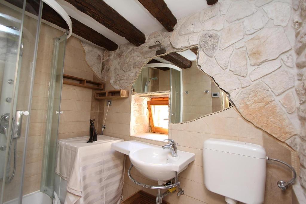 łazienka z umywalką, toaletą i lustrem w obiekcie Apartment Midea w Rovinj