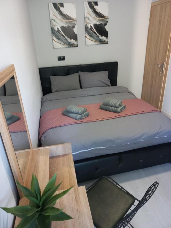uma cama com duas almofadas num quarto em Central 3 Modern Apartment with free parking em Serres