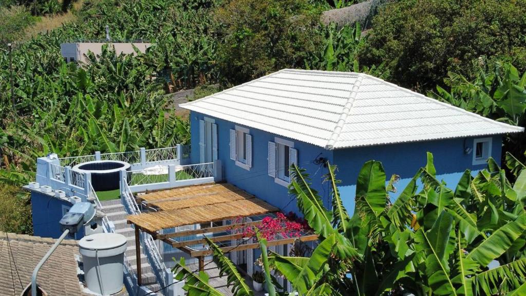 a blue tiny house on a deck with plants at Blue by the Sea House in Paul do Mar