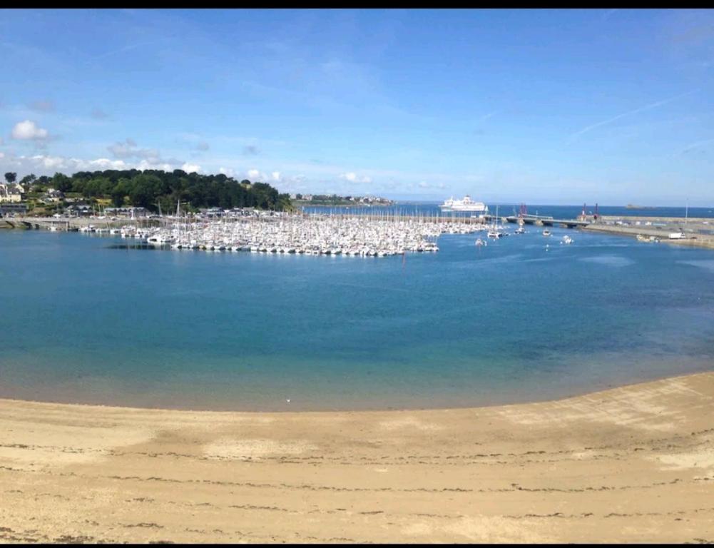 eine Gruppe von Booten im Wasser in der Nähe eines Strandes in der Unterkunft Nid de Corsaire, Vue Mer & Accès plage in Saint-Malo