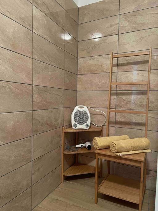 a room with wooden shelves and a tiled wall at Santomas apartments in Šmarje