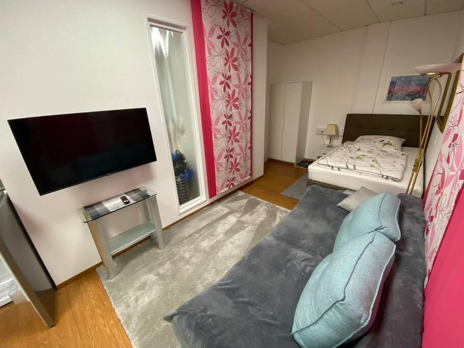 a living room with a couch and a flat screen tv at Ruhiger Rückzugsort in Steinheim in Memmingen