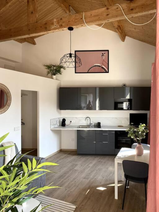 - une cuisine avec un évier et une table dans une chambre dans l'établissement Charmant studio 1, à Menton