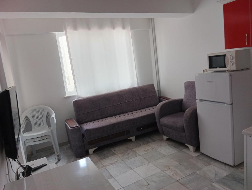 a living room with a couch and a chair and a refrigerator at Rainford aprt in Denizli
