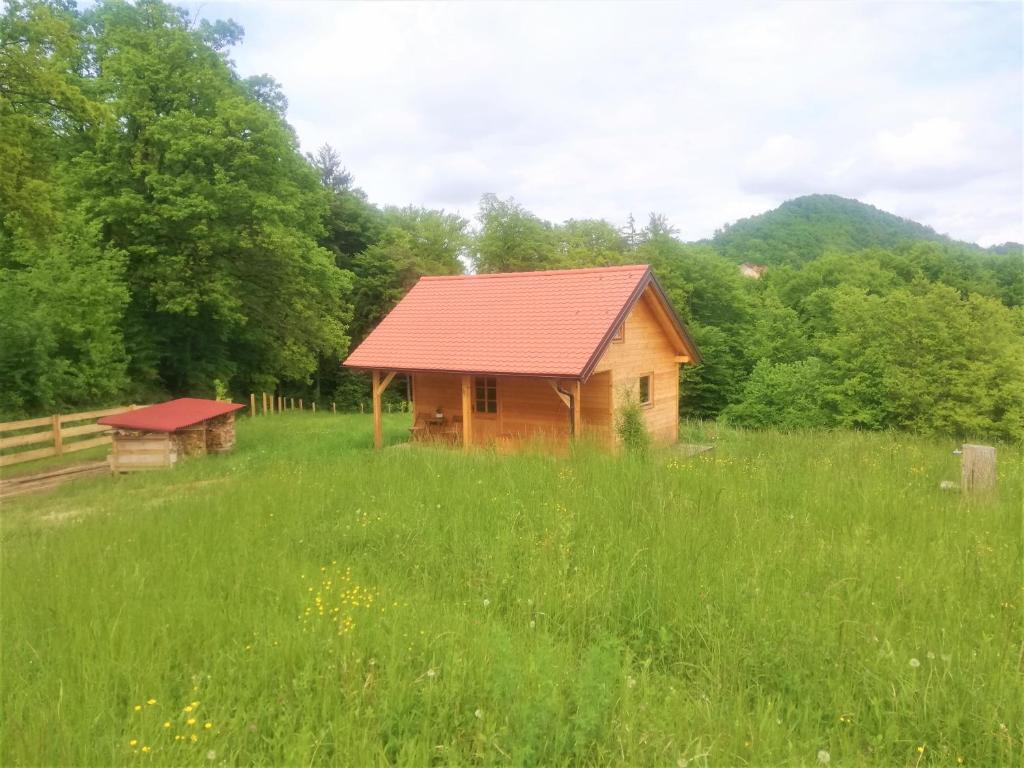 een houten hut in een veld van groen gras bij Lesena hiška čebelnjak in Loče pri Poljčanah