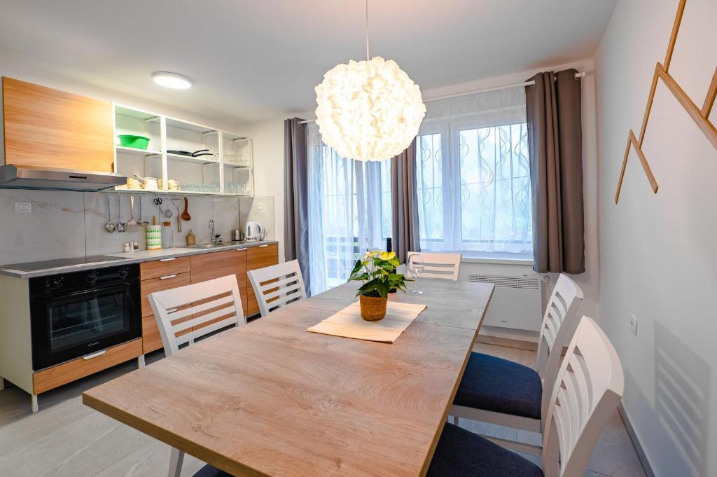 cocina y comedor con mesa de madera y sillas en Apartma na hribu en Mojstrana