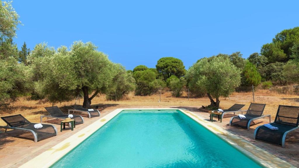 una piscina con sedie a sdraio e alberi di Casa Rural Las Catenas Andújar by Ruralidays a Jaén
